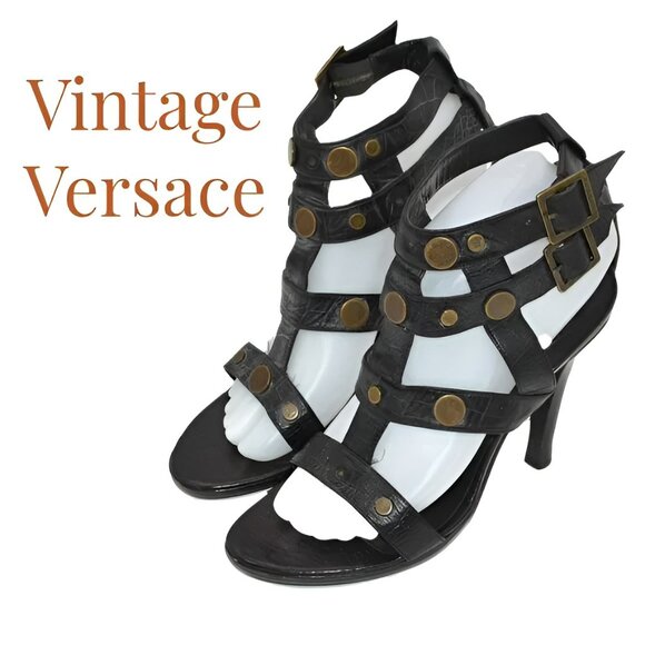 Vintage Versace Black Leather Studded Caged Galdiator Sandals Heels 38.5 8.5